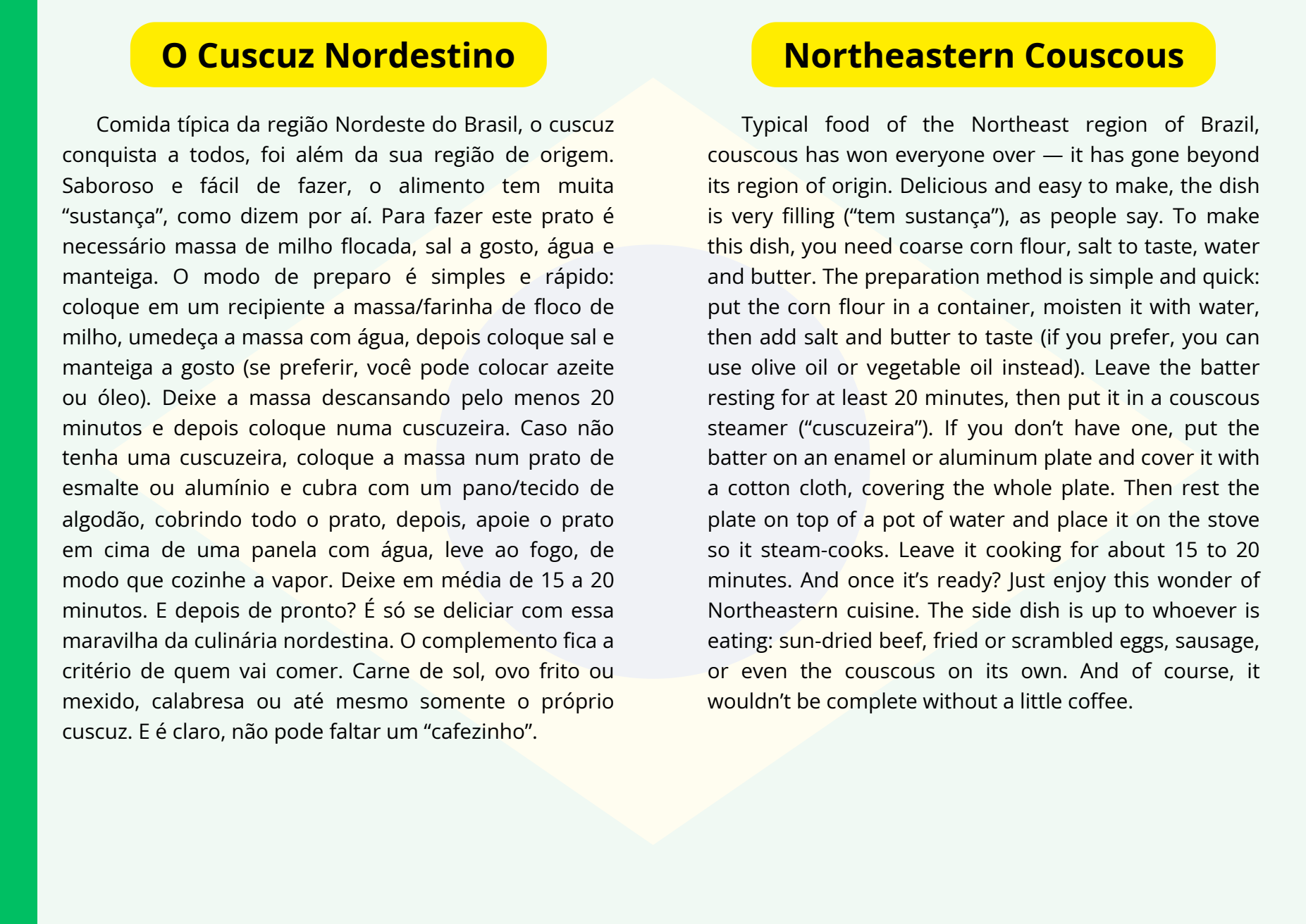 Sample page from Portuguese with Audio, showing a bilingual story side by side